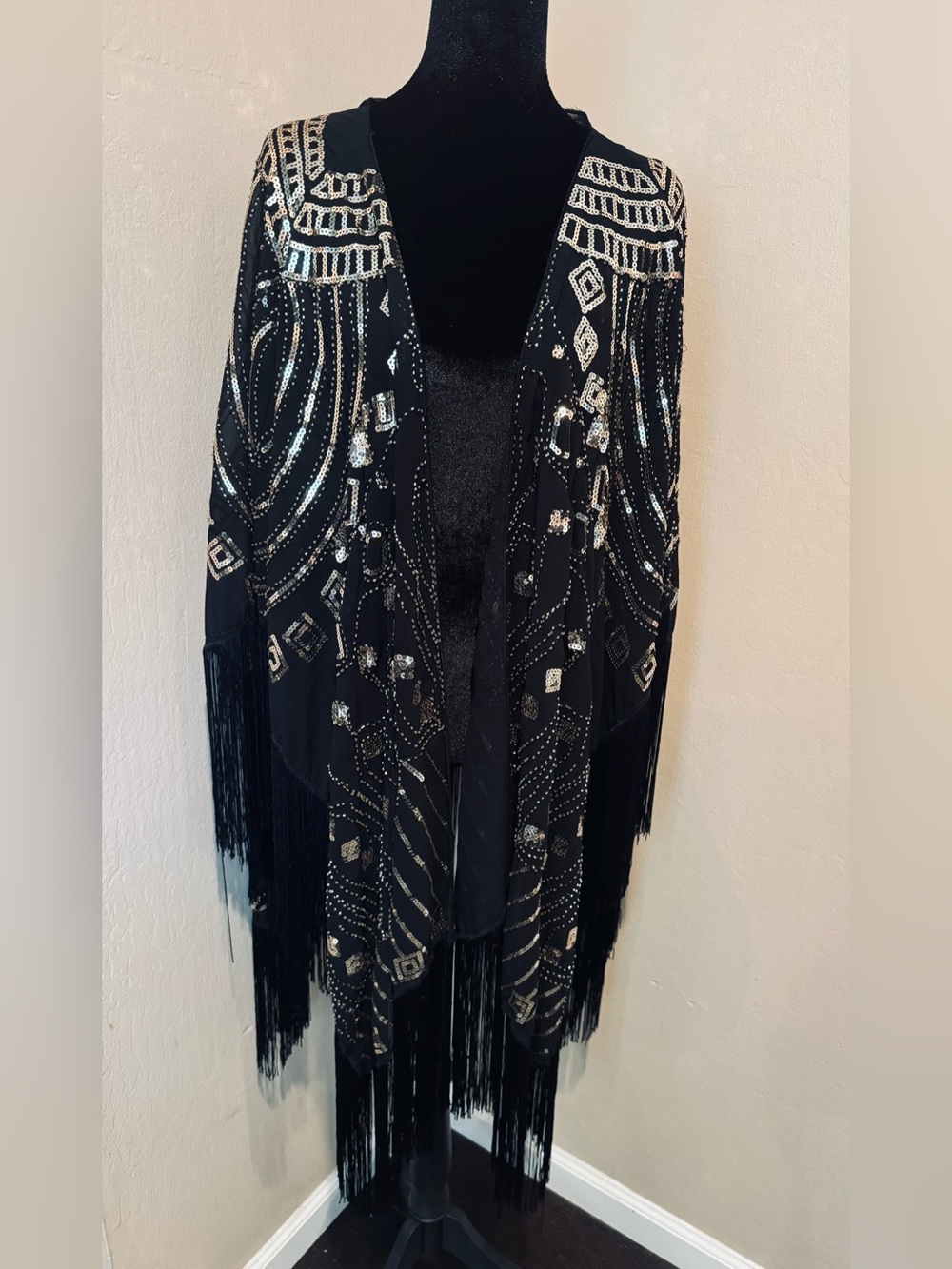 Black Beaded Fringe Women's Sweater Kimono
